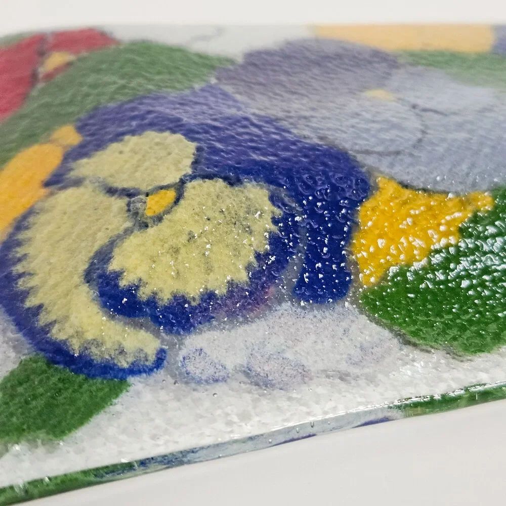 Vintage Peggy Karr Pansies Fused Art Glass Rectangular Tray | 1990s Trinket Dish